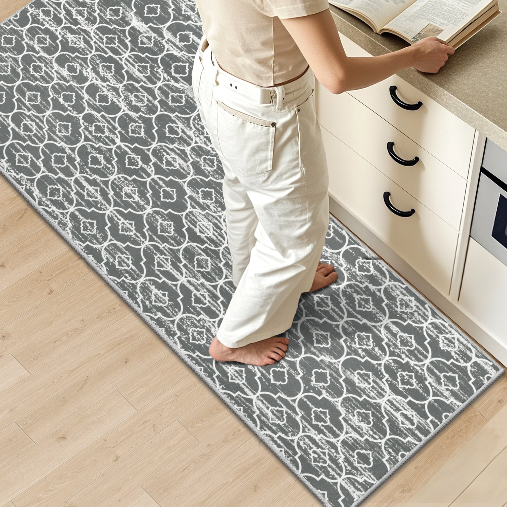 MeyJey Corner Kitchen Rug, 1 Piece Anti-Slip L Shape Kitchen Mat for Floor, Absorbent Runner in Front of Sink, Washable Floor Rugs for Home,Kitchen(Gray-L,24”x 71”x 71”)