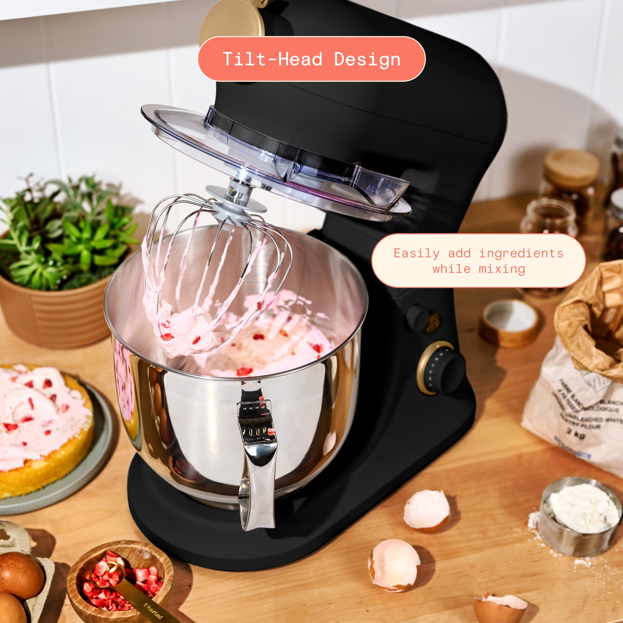 Beautiful 6 Qt Tilt-Head Stand Mixer with Dough Hook, Flat Beater, Balloon Whisk, Pastry Beater & Slicer/Shredder Set, Black Sesame by Drew Barrymore