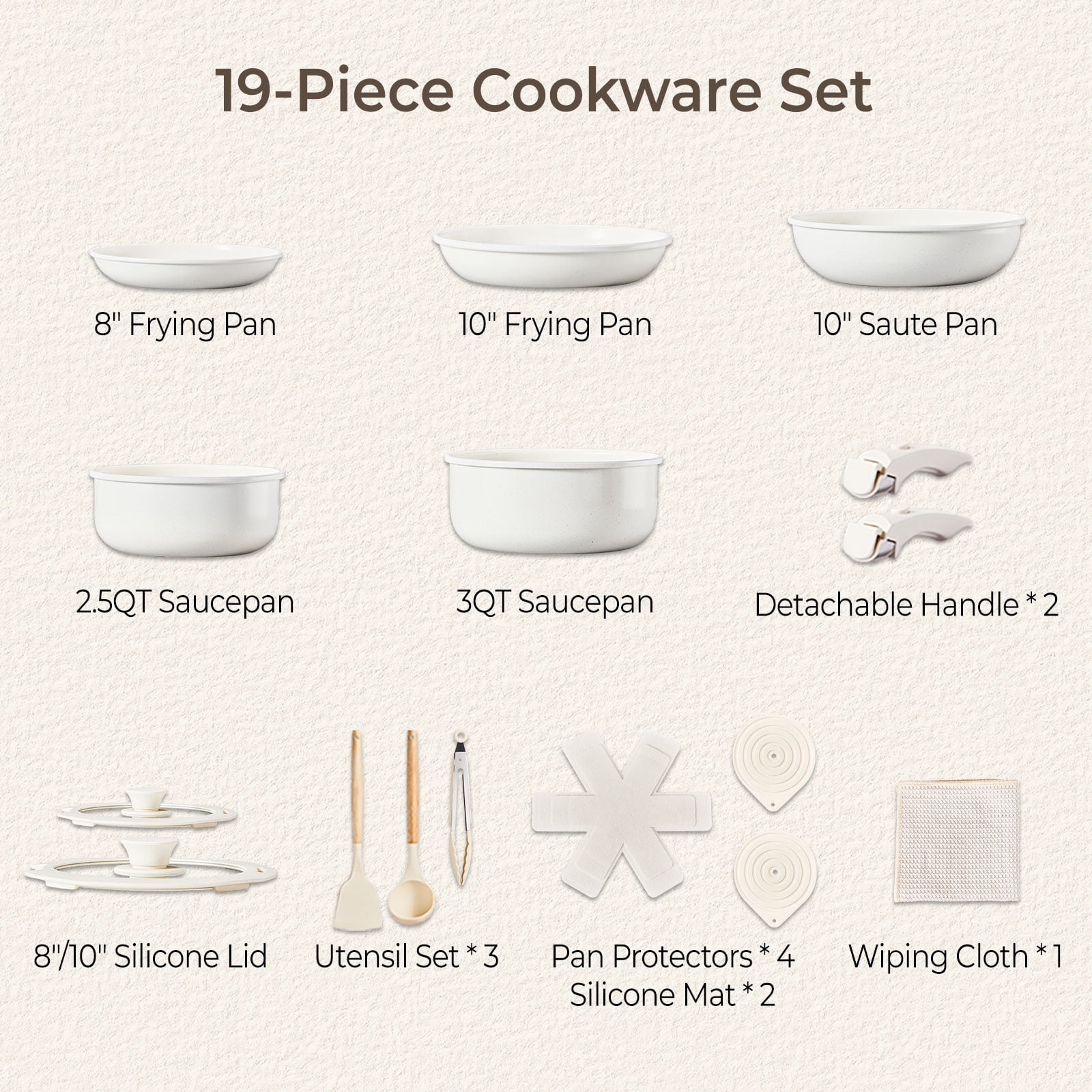 Ktaxon 19pcs Nonstick Cookware Set with Detachable Handle, 5 Pots and Pans Set Aluminum Kitchen Cooking Set, Induction Safe, Cream White