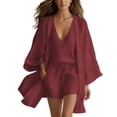 thumbnail image 2 of HBYJLZYG 3 Piece Women's Casual Set V Neck Cami and Loose Cardigan, Drawstring Shorts Summer Beach Outfit, Relaxed Lounge Wear, 2 of 9