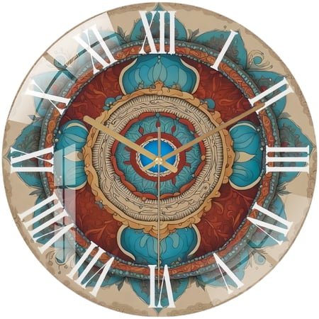 Round Glass Wall Clock,Tempered Glass Wall Clock, Boho Wall Art, Artistic Decorative Gift, Ethnic Mandala Decor, Eastern Art Clock, Unique Gift Idea, Gift for Her Style 12×12inc