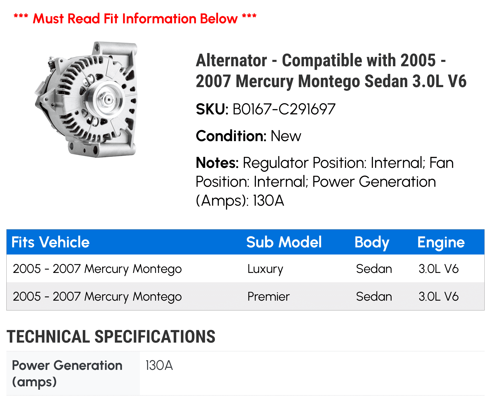 Alternator - Compatible with 2005 - 2007 Mercury Montego Sedan 3.0L V6 2006