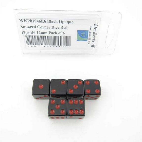 Black Opaque Squared Corner Dice Red Pips D6 16mm (5/8in) Pack of 6 Wondertrail