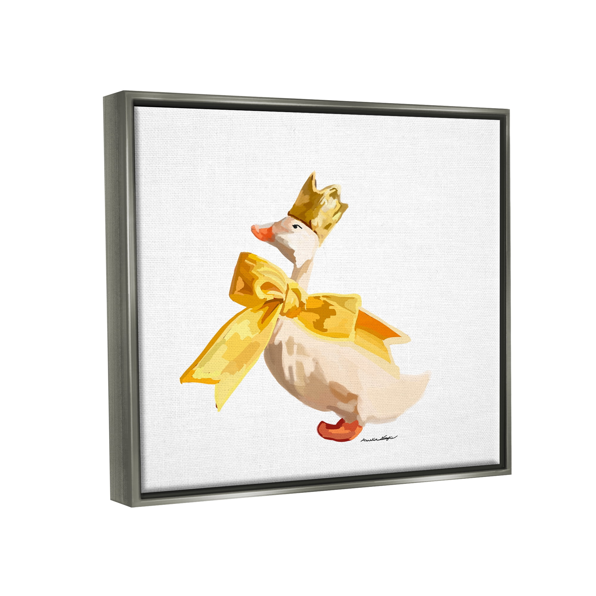 Stupell Industries Royal Duck with Bow Animals & Insects Painting Gray Floater Framed Canvas Art Print Wall Art, 21 x 17