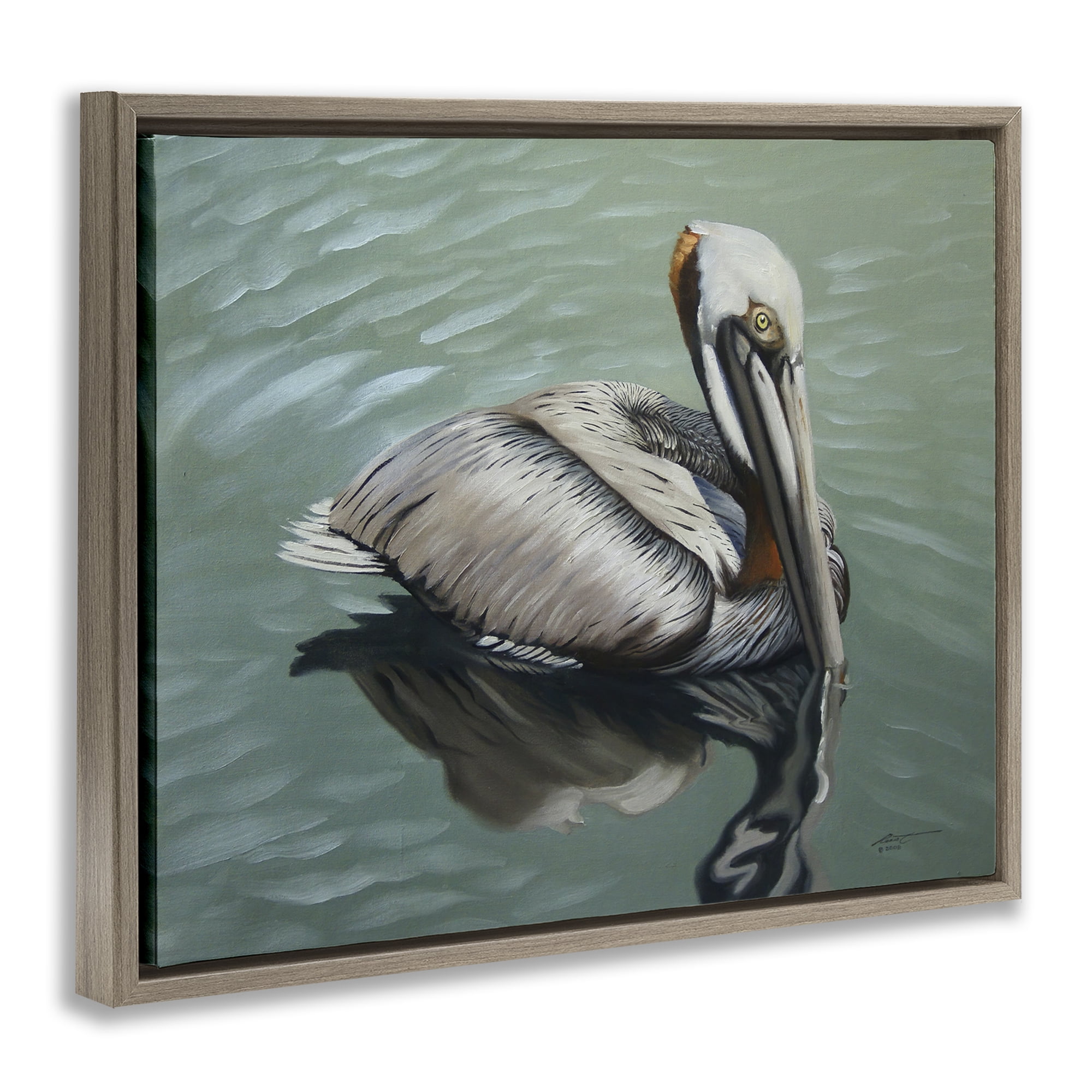 Stupell Industries Pelican Lake Reflection Animals & Insects Painting Brown Floater Framed Canvas Art Print Wall Art, 21 x 17