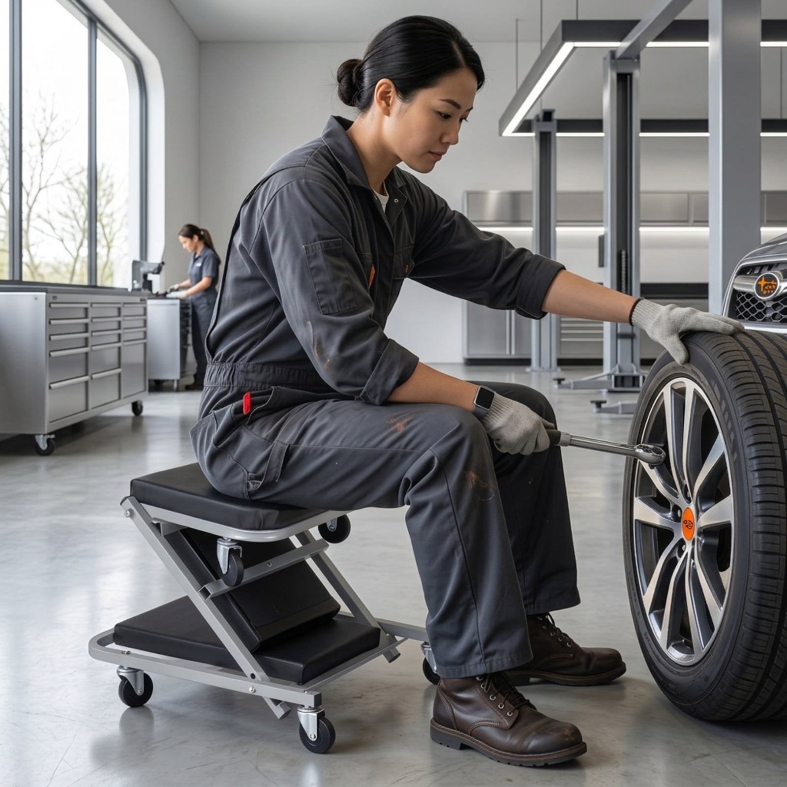 Biotree 40" 2-in-1 Mechanic Creeper and Z-Seat 330 LBS, Foldable Garage Creeper Stool with 6 Swivel Casters and Faux Leather Padding, Black and Gray