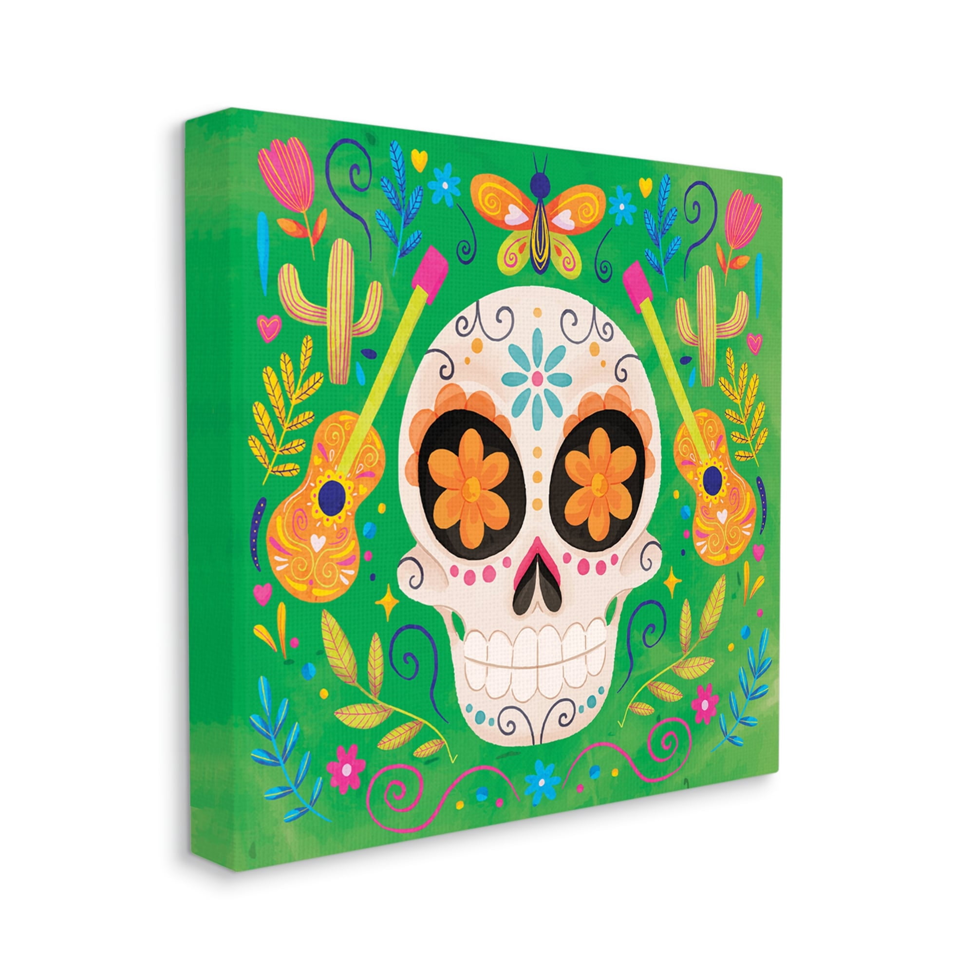 Stupell Industries Floral Day Of Dead Guitar Skull Holiday Painting Gallery Wrapped Canvas Print Wall Art