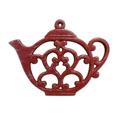 Cast Iron Teapot Trivet - Rustic Red Whitewashed Cast Iron Round Teapot Trivet 8