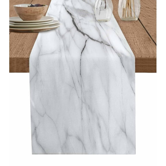 Table Runner Dresser Scarf 13 x 60 Inch White Marble Grey White Abstract Art Table Runners Non-Slip Heat Kitchen Dining Table Decor for Indoor Outdoor Home Party Decoration