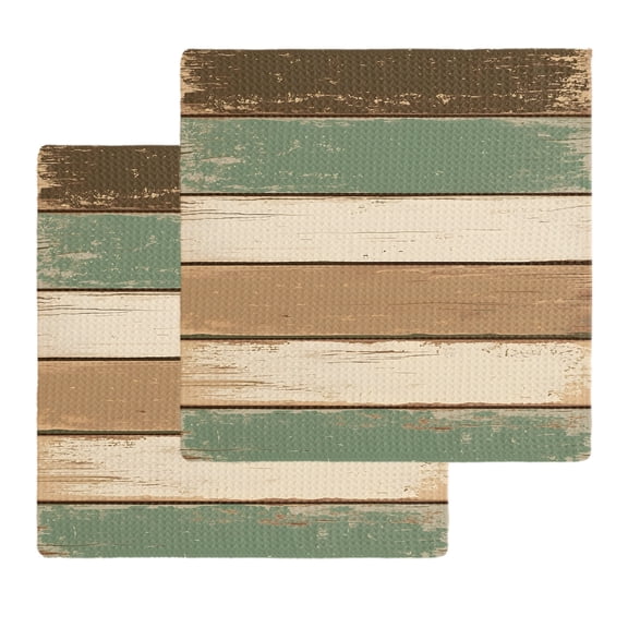 Farmhouse Sage Green Brown Dish Towels Set, Waffle Weave Kitchen Towels 2 Pieces, Country Vintage Wooden Microfiber Hair Face Bath Tea Towel Absorbent Quick Drying Cleaning Dish Cloths, 12"x12"