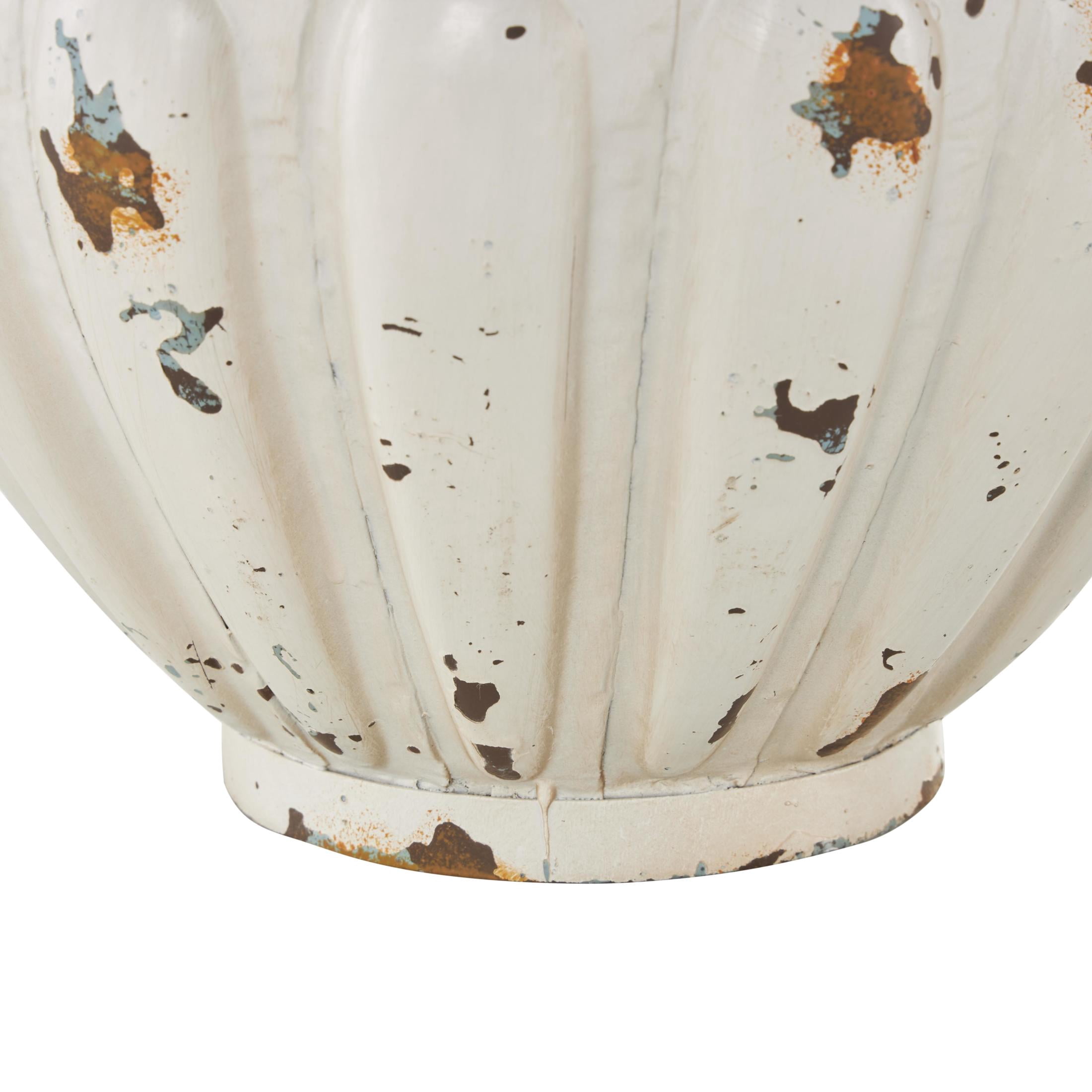 DecMode 10" Scroll Vintage Amphora Cream Metal Vase with Brown and Teal Distressing and Scroll Handles