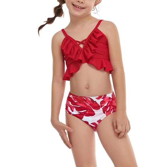Kayannuo Cute Bikinis for Girls kids Swimsuits Girls Casual Cute Print Double Ruffle Split Swimsuit Beach Two-Piece Set (4-12Years Red)