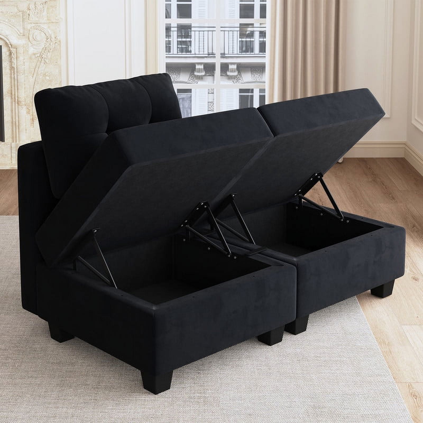 HONBAY Velvet Convertible Sofa Bed with Hidden Storage and Storage Ottomans for Living Room and Apartment, Black