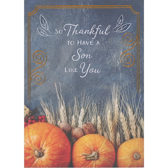 Designer Greetings Pumpkins, Cranberries, Walnuts and Wheat on Blue Thanksgiving Card for Son
