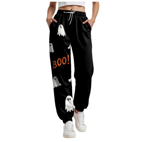 felwors Women's Elastic Waist Halloween Sweatpants Relaxed Fit Tapered Joggers Pocket Lounge Wear 2025 Black, XXXL