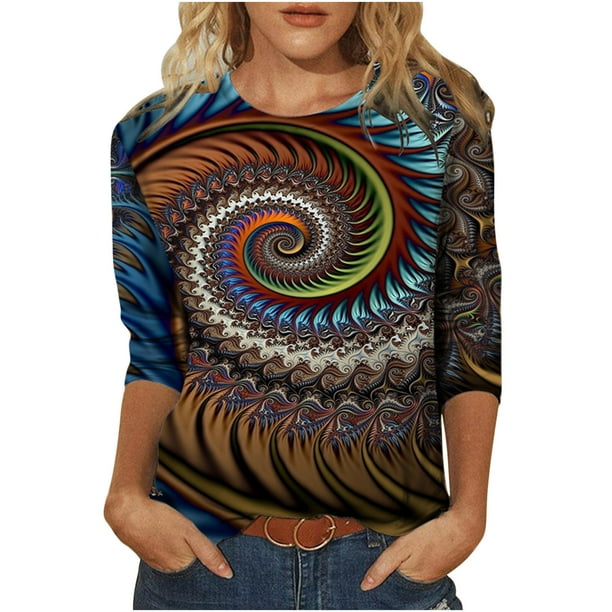 Blusa de cuello redondo de manga larga con estampado degradado de novedad clásica para mujer Pompotops gfhjh19303