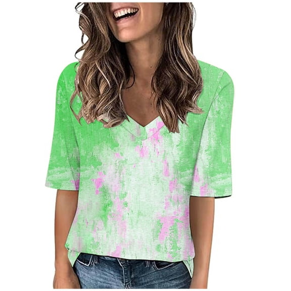 MORESEC Women Plus Size Tie Dye T-Shirts V Neck Short Sleeve Casual Basic Tees Summer Fashion Tops Cute Vacation Clothes, Green XL