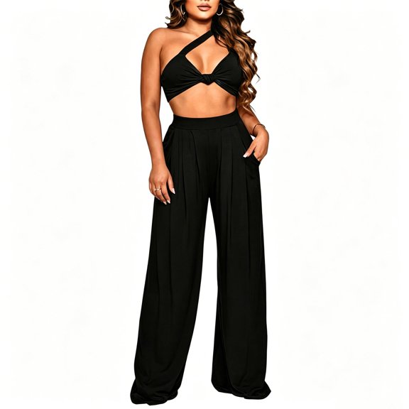 IUYRTFE Women One Shoulder Sleeveless Top and Wide Leg Pants Set Solid Color 2 Piece Outfit for Vacation Party