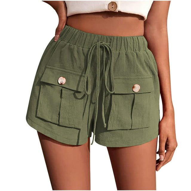 Womens Casual Shorts Elastic Waisted Drawstring Solid Comfy Lightweight Cotton Linen Shorts with Two Front Pockets