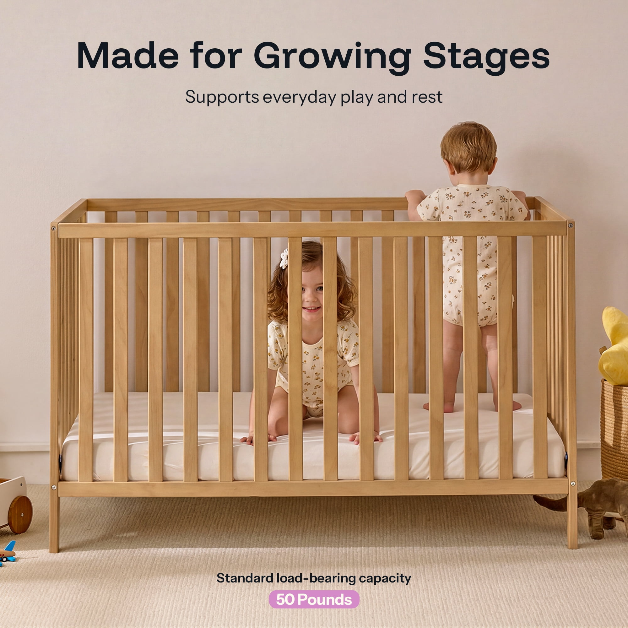 HARPPA 5-in-1 Convertible Baby Crib for Infant to Toddler,Baby Bed,Natural,Greenguard Gold Certified
