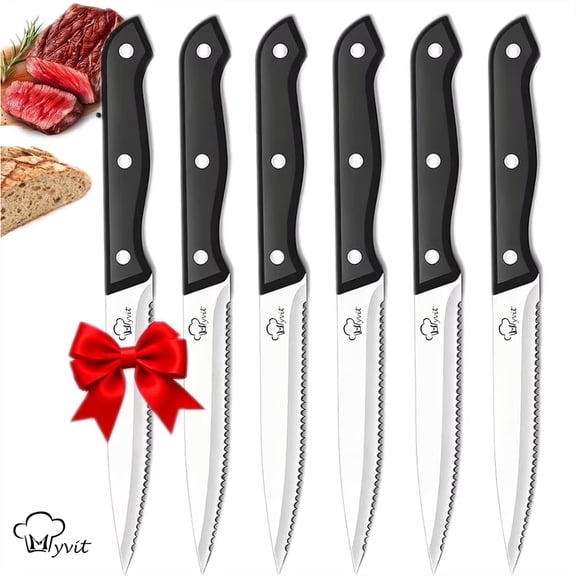 MYVIT Steak Knives Set of 6,Sharp Stainless Steel Serrated Steak Set for Kitchen,Dishwasher Safe Meat Cutting Knife with Giftbox