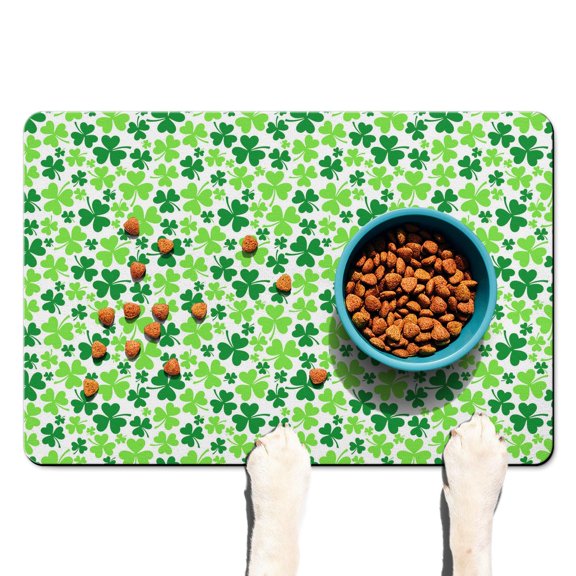 Dog Food Mat, Dog Mat for Food and Water, Pet Dog Cat Bowl Mat, Anti-Slip Reusable Feeding Mat with Green Clover Shamrock,16inx24in