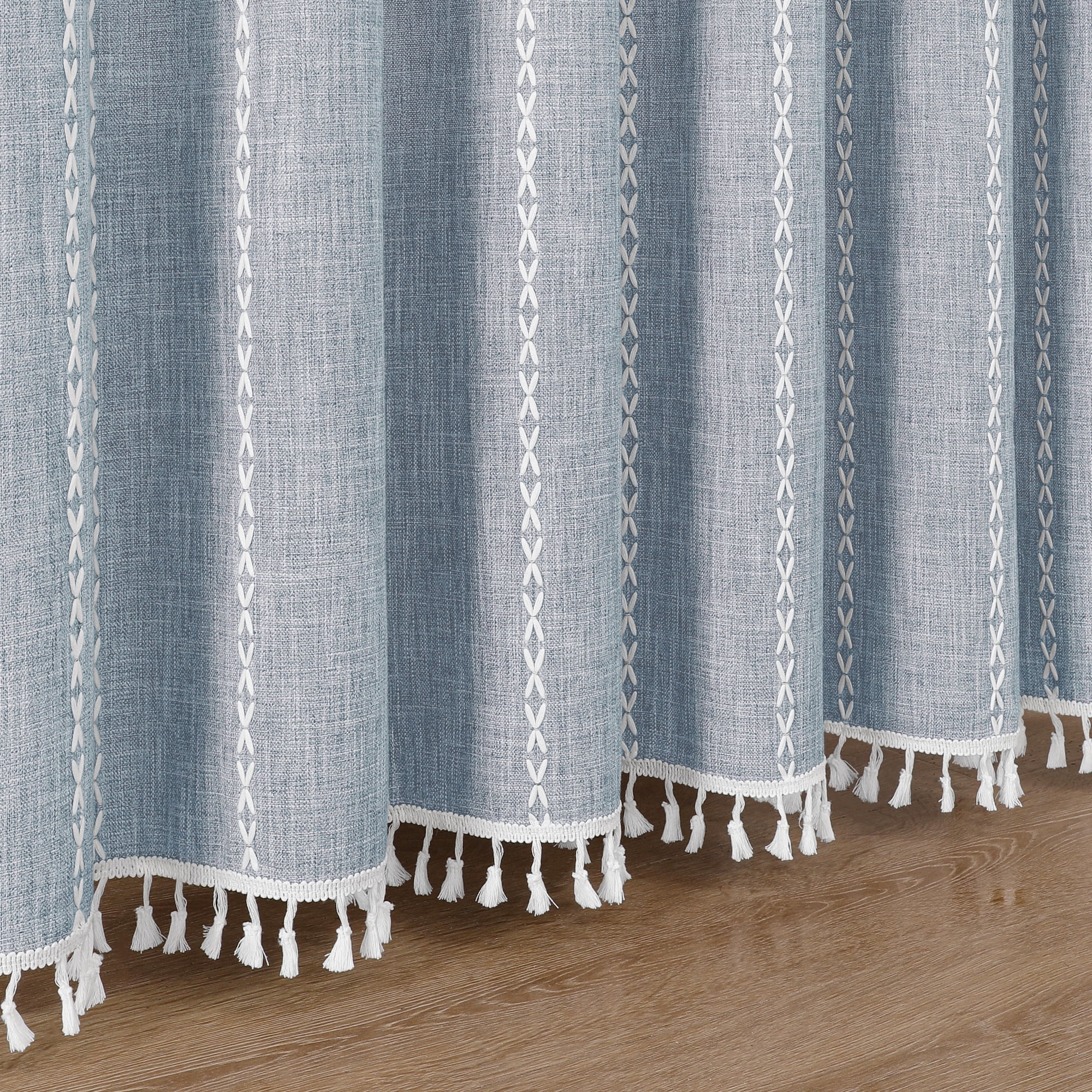 Americanflat 71x71 Woven Linen Blue Shower Curtain with Tassel Accents - Includes 12 Grommets and Hooks - 100% Polyester