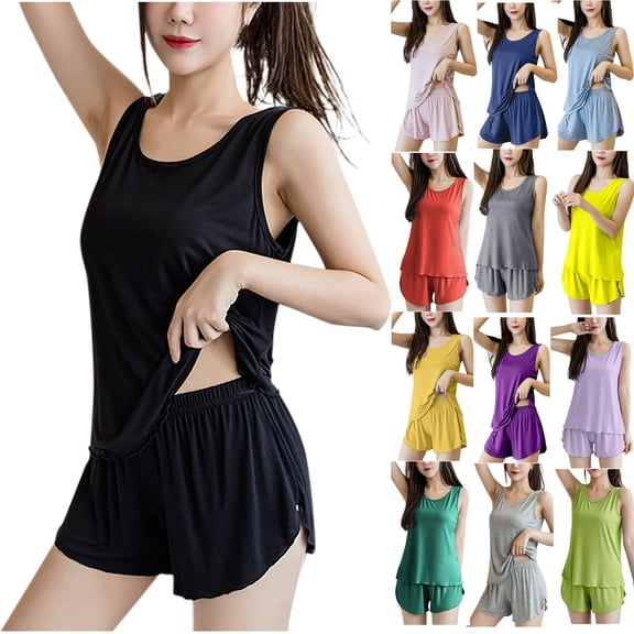 Amkhujs Pajamas for Women Set Tank Top and Shorts 2 Piece Nightwear Women Pajama Set Round Neck Summer Sleepwear Set