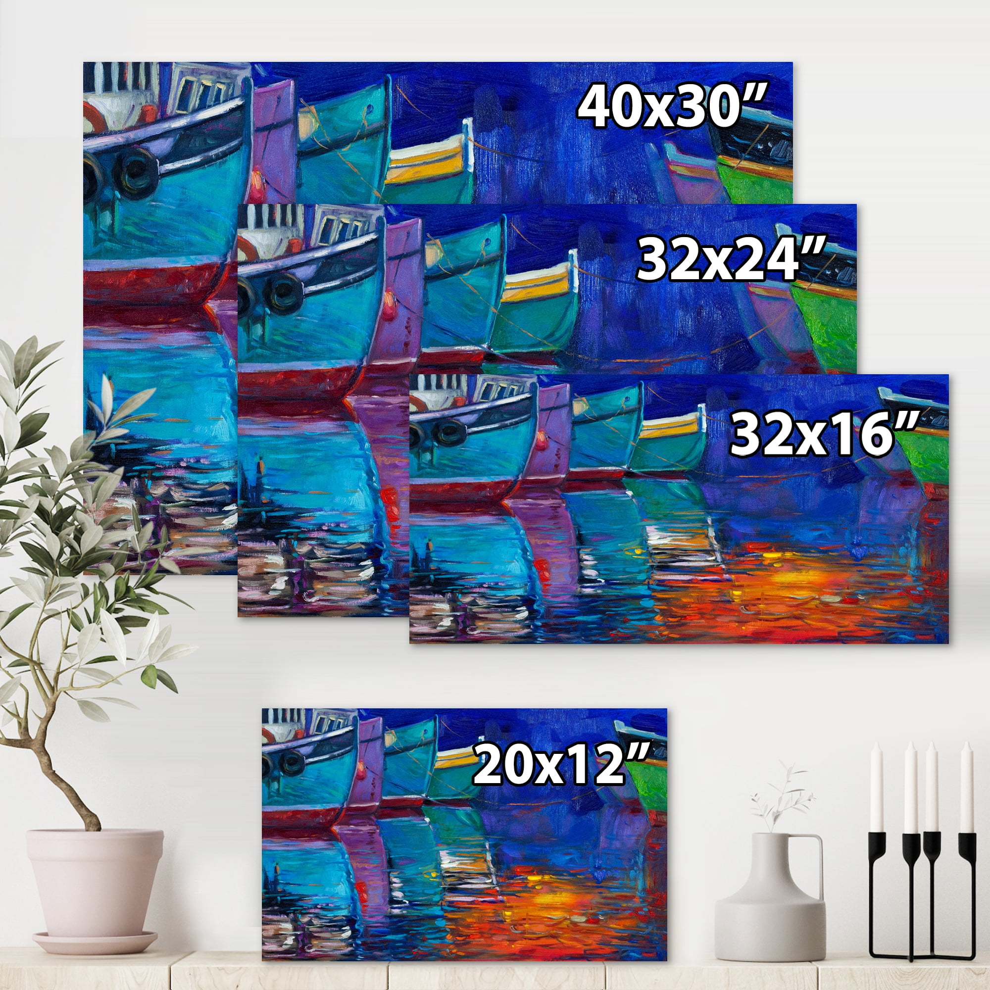 Designart ' Boats During Warm Sunset Resting On The Water I ' Nautical & Coastal Canvas Wall Art Print