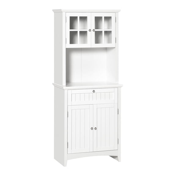 SAZYY Kitchen Buffet Hutch with Framed Glass Door, Drawer & Microwave Space, Freestanding Pantry Storage Cabinet, White