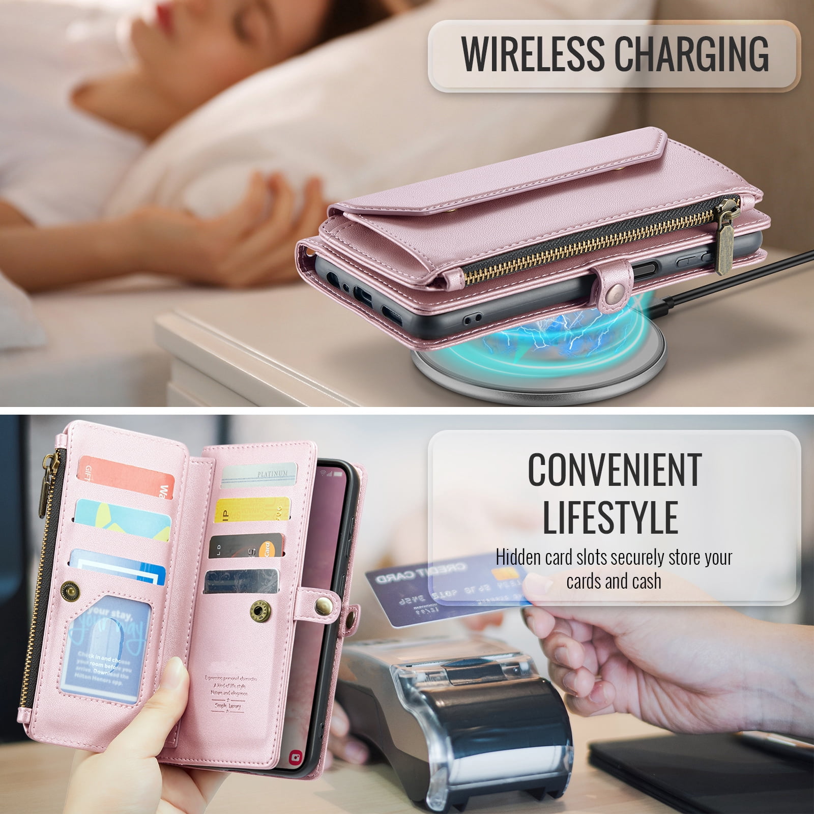 Compatible with Samsung Galaxy S25 5G Zipper Wallet Phone Case Tempered Glass Screen Protector Crossbody Lanyard Strap Flip Card Holder Slot Cell Cover for S 25 25S 25 25S SM-S931U Women Rose Gold