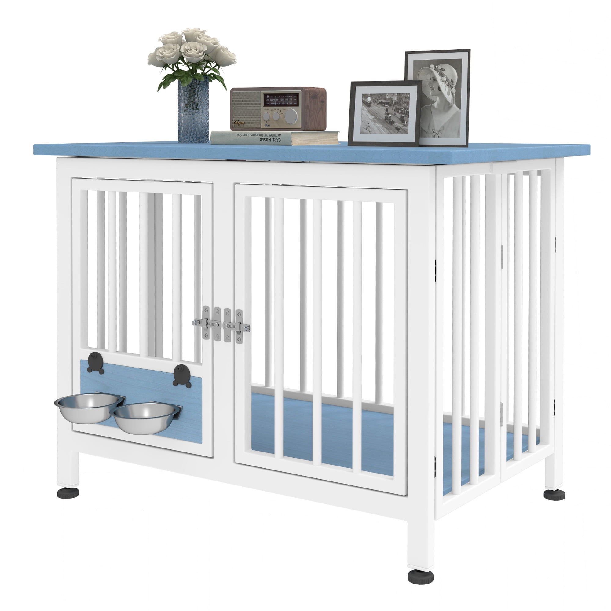 Uforic 39.3" Foldable Wooden Indoor Dog Cage Table with 360° Rotatable Bowls& Adjustable Feet, White&Blue