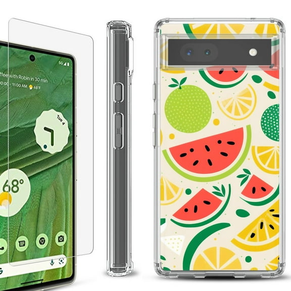 Shockproof Bumper Phone Case for Google Pixel 6a, with Tempered Glass Screen Protector, by OneToughShield ® - Watermelon Mix