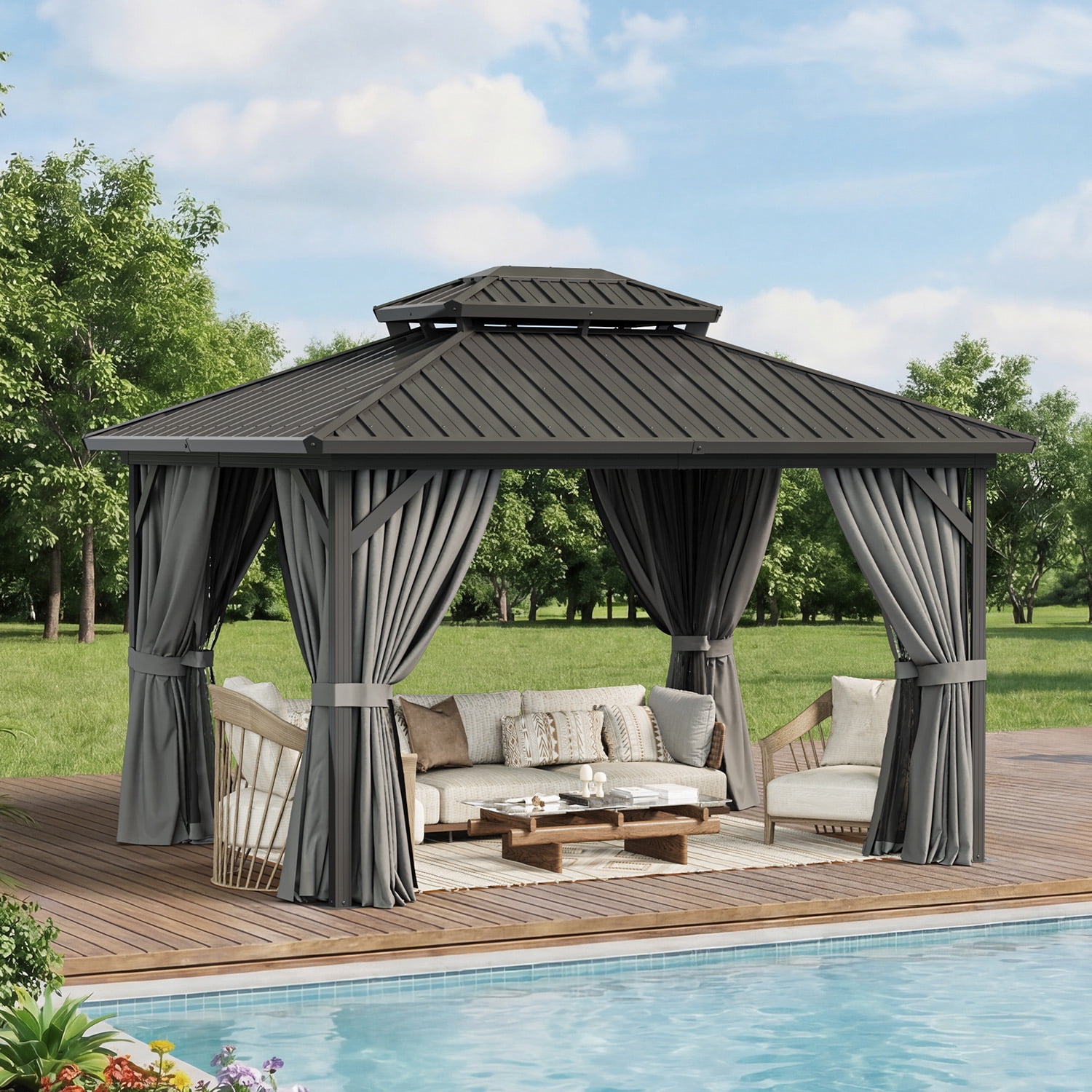 BaPiPro 10'x12' Hardtop Gazebo, Outdoor Steel Double Roof Metal Gazebo with Curtains and Nettings, Aluminum Frame Permanent Pavilion for Patio Garden Backyard, Gray
