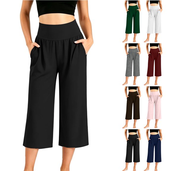 Smsaxvxz Capri Pants for Women Wide Leg Yoga Cropped Pants Capri Leggings with Pockets for Casual Summer Black 2XL
