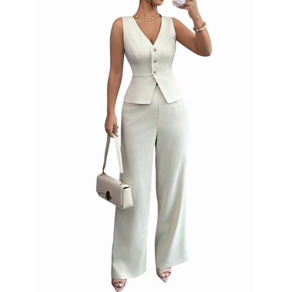 Women'S 2 Piece Outfits Elegant Blazer Vest Pockets Wide Leg Pant Suit Casual Matching Set White XL