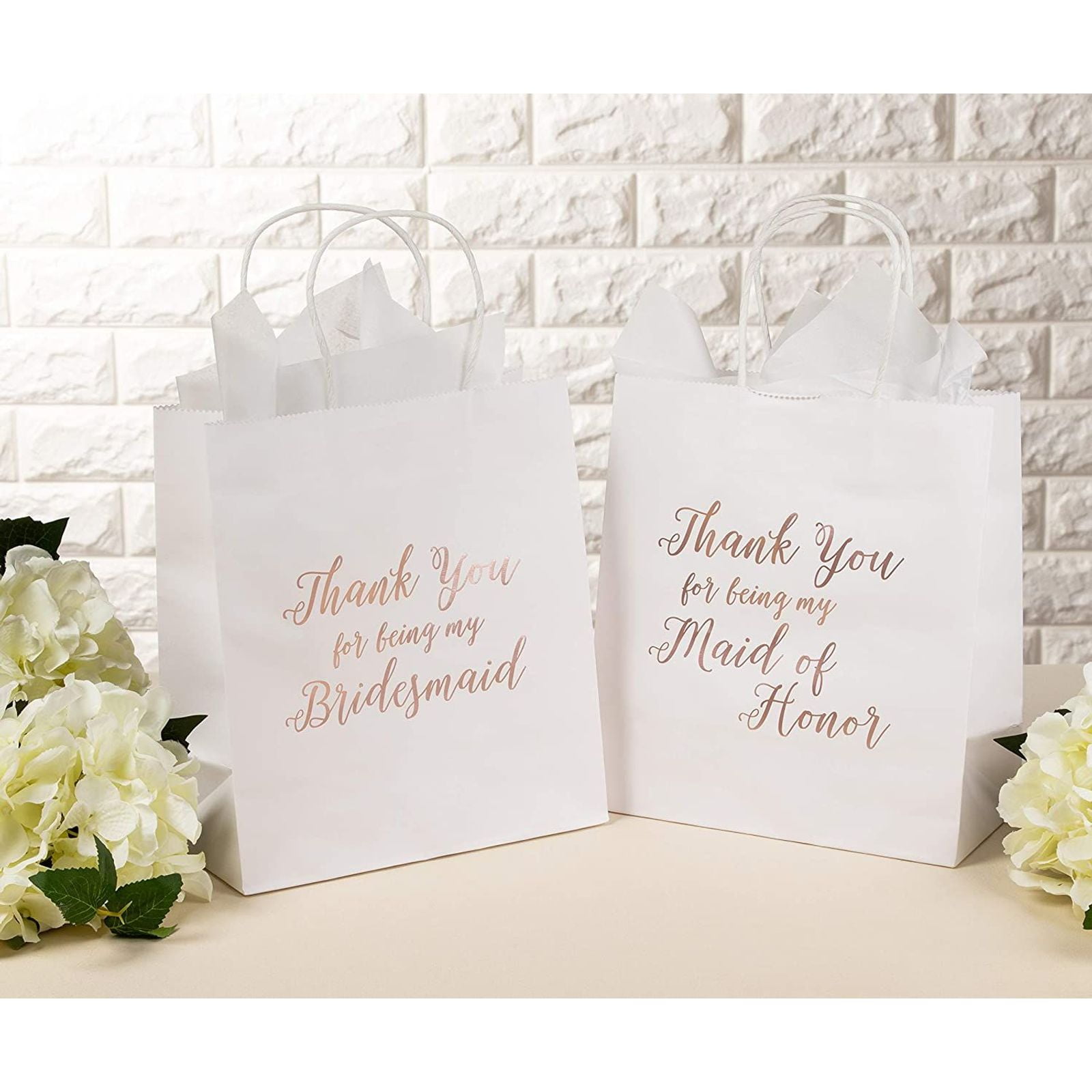 11 Bridesmaid and 1 Maid of Honor Thank You Paper Gift Bag Rose Gold Foil Text Includes 20 Sheets of Tissue Paper Perfect for Bridal Party Favors White 9 x 8 x 4 Inches Walmart