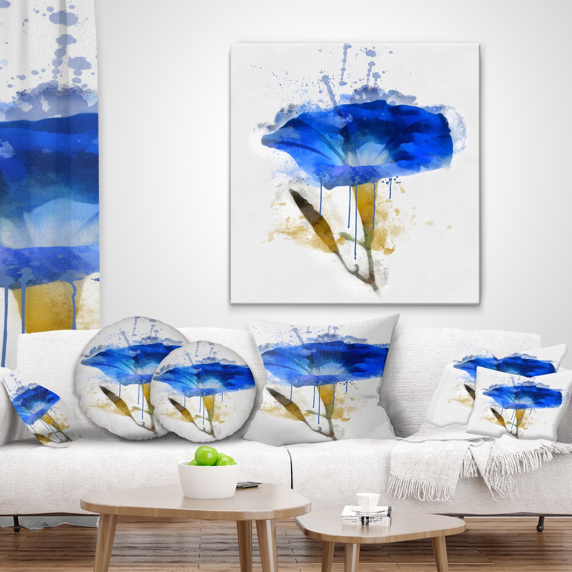Designart Blue Gentiana Alpina Watercolor - Floral Throw Pillow - 16x16