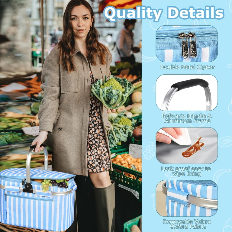 Tirrinia, Large Insulated Picnic Basket, 16.8x9.7x10 inches, Blue