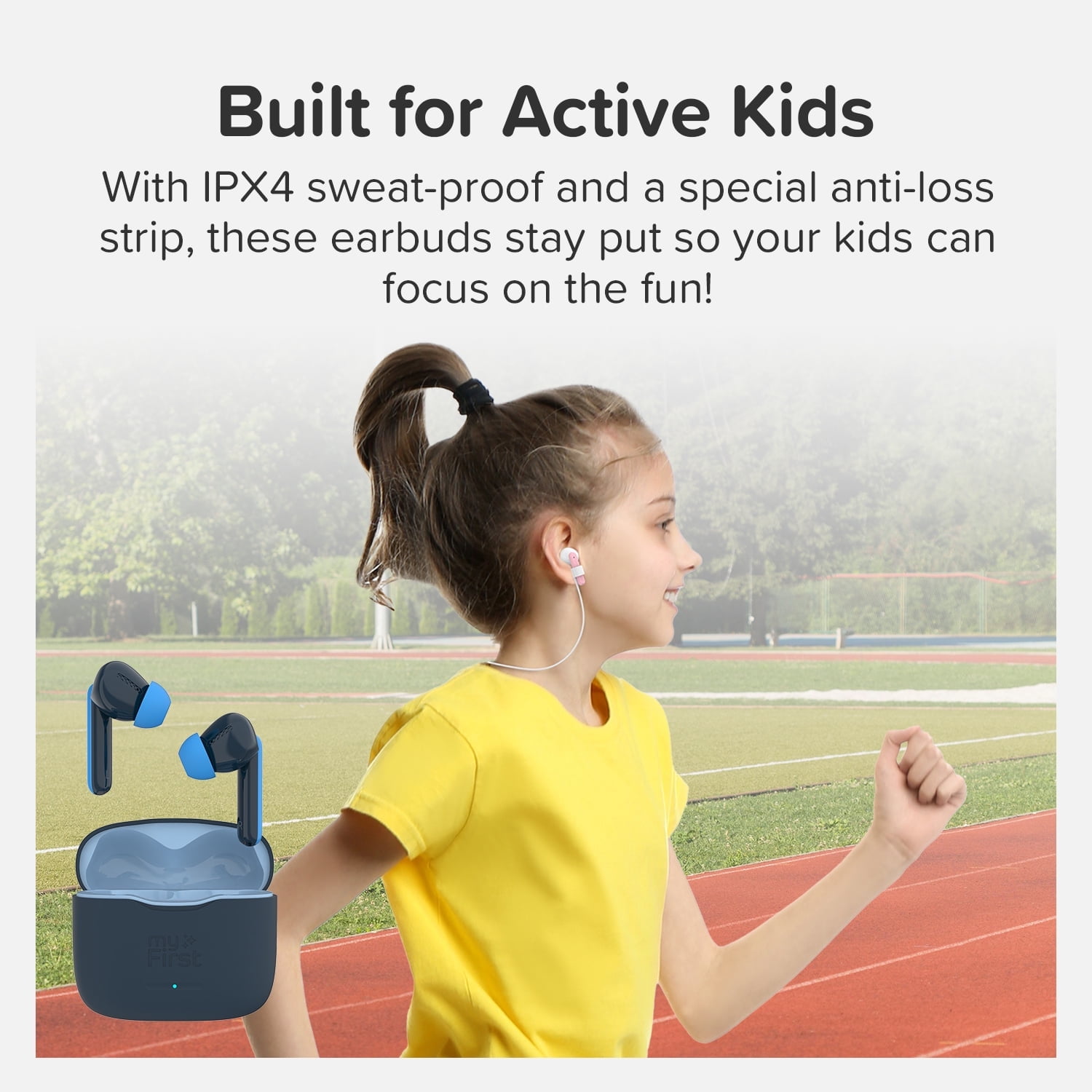 myFirst CareBuds (Space Blue) Kids Wireless Earbuds with 85dB Volume Limit, Built-in Mic, 6 Ear Tips, Anti-Lost Strap Easy Pairing, Gift for Kids 4-15