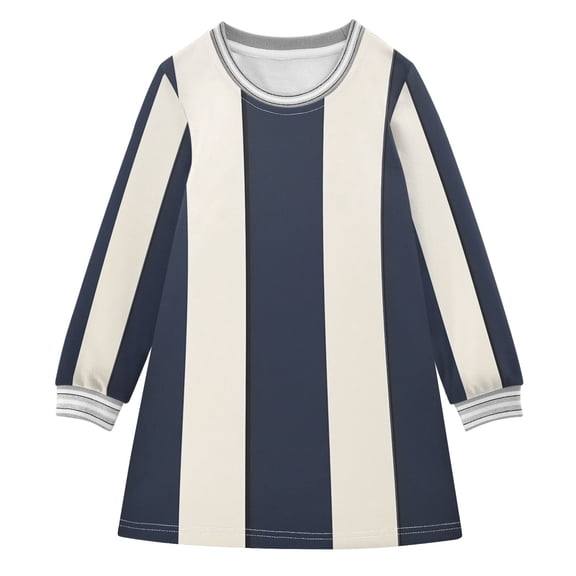 Navy Blue Wide Vertical Stripes Long-sleeved Dress A-line One-Piece Dress for 2-8 Years Casual Party 2T