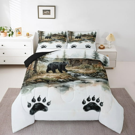 Manfei Wildlife Bear Print Bedding Comforter Set for Child, Jungle Animal Twin Comforter Sets, Rustic Cabin Reversible Bedding Set, Microfiber Bedroom Decor, 2 Pieces