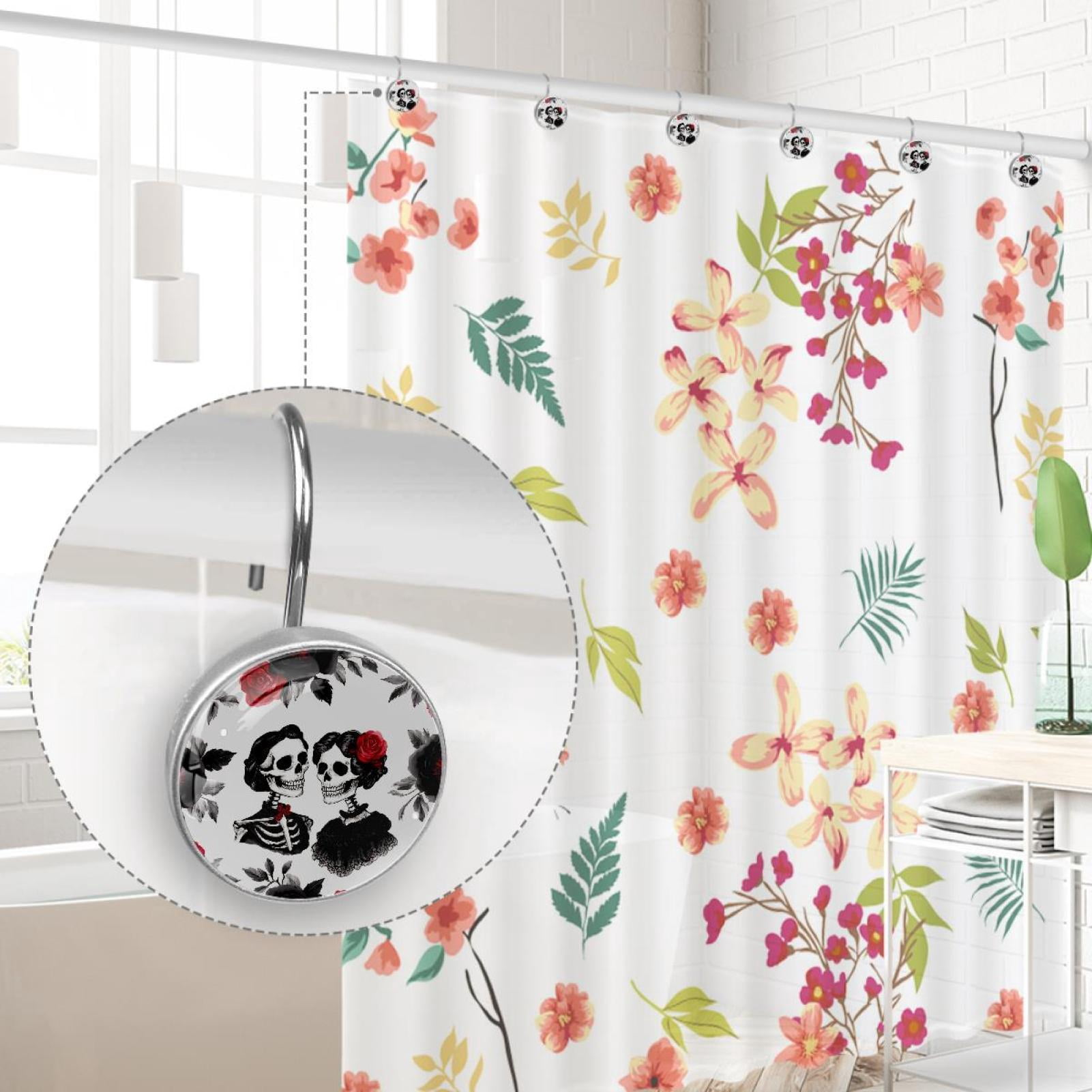 Skeleton Lover Black Red Roses Shower Curtain Hooks Round Crystal Glass, Set of 12 Shower Curtain Rings - Shower Hooks for Curtain Shower Rings