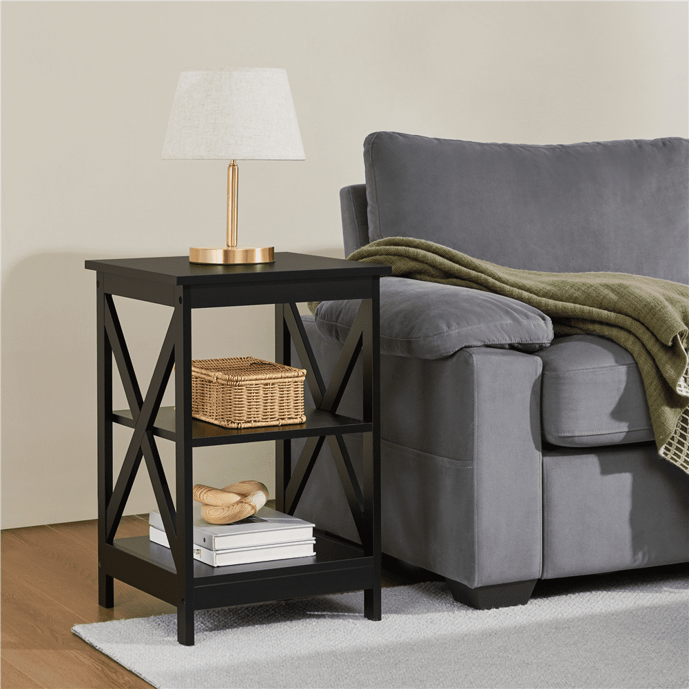 Renwick 3 Tier Wood X Shape Square End Table for Living Room, Black