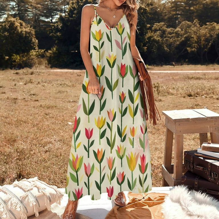 ZZZHY Geometric Tulip Ditsy 218 Women s Casual Halter Maxi Dress Backless Sundress Loose Flowy for Summer Beach Travel Vac Walmart