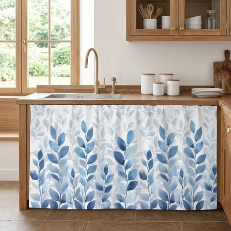 Cabinet Curtains 32 W x 55 L Blue Leaf Sink Skirt for Bathroom Kitchen Self Adhesive Watercolor Country Plant Monochrome Branch Desk Privacy Short Curtain for Closet Shelves Laundry Room