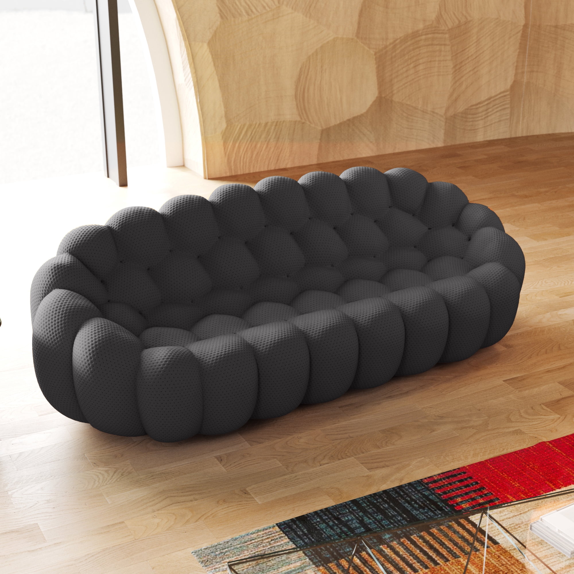 bokifol 98.43"Curved Sofa,3 Seater Modern Upholstered Mesh Fabric Lazy Floor Sofa,3D Honeycomb Shape for Modern Living Room,Office and Apartment(Grey)