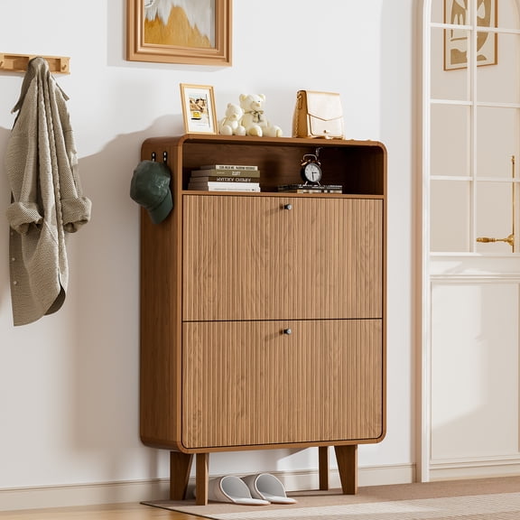 Fluted Shoe Cabinet with 2 Flip Drawers, Narrow Shoe Organizer with Open Storage & Hooks, Freestanding Hidden Shoe Storage Rack for Entryway, Hallway, Walnut