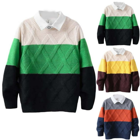 WRKEKC Kids Sweater Crewneck Color Block Argyle Pattern Shirt Collar Knit Pullover Long Sleeve Classic for 2 - 12 Years Boys Girls Fall Winter