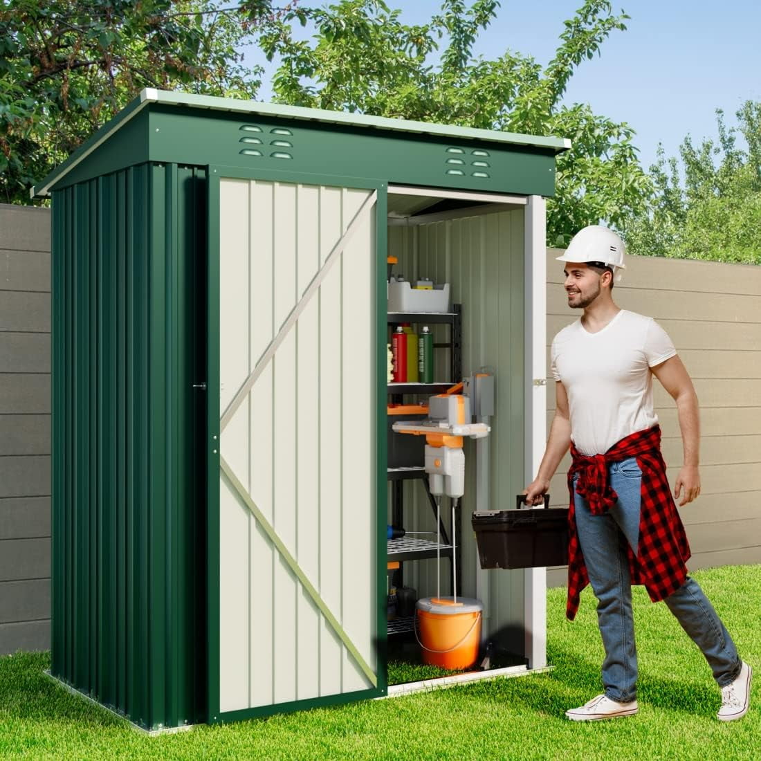 5'x3' Outdoor Storage Shed, Lofka Metal Tool Shed with Lockable Security, Compact Space Saver for Garden Tools & Patio, Green